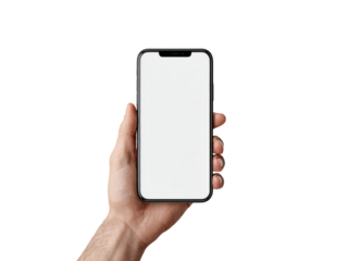 Hand holding smartphone with blank white screen mockup, Isolated On white, Png Transparent