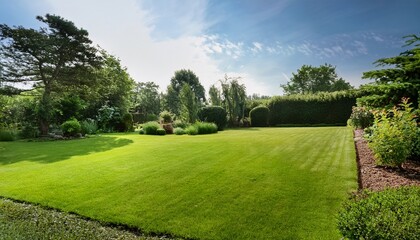 lush green lawn with various plants and trees