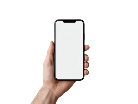 Hand holding smartphone with blank white screen mockup, Isolated On white, Png Transparent