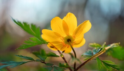 Fototapeta premium a single bright yellow wildflower blooming among green leaves and woody stems in a natural setting captured in soft daylight with a blurred background