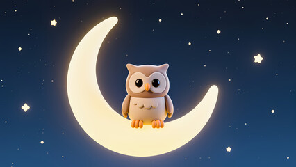 Fototapeta premium Clay Style Owl Sitting on Crescent Moon