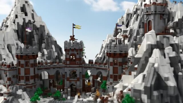 Massive mountain fortress, detailed with towers, bridges, and soldiers