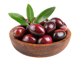 Dark red olives in a wooden bowl with leaves (2)