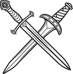 Antique, crossed swords with sharp blades, vector illustration of a medieval weapon