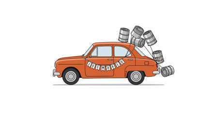 Vintage car with just married banner and kegs in cartoon style