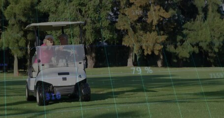 Woman raising rangefinder activating grid overlays and man driving golf cart monitoring course data - Powered by Adobe