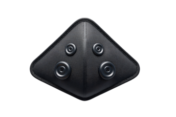 Dark, geometric face mask with circular accents