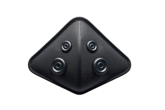 Dark, geometric face mask with circular accents