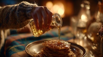 Hand pouring syrup onto a stack of pancakes in warm, cozy setting