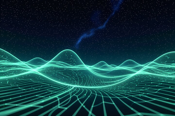 A digital landscape with glowing green grid lines under a starry night sky viewscape