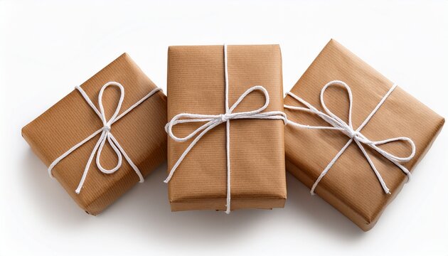 three brown gift boxes tied with white string on a white background