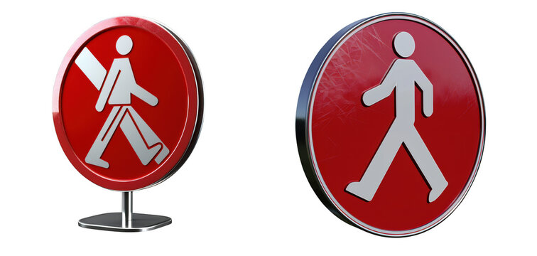 Red circular pedestrian crossing sign with a walking person symbol, isolated on transparent background