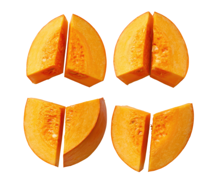 Four slices of orange pumpkin, arranged in a grid pattern against a black background. 