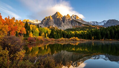 A serene autumnal landscape showcases a picturesque lake nestled amongst vibrant foliage, reflecting the towering mountains, with a tranquil mood at sunrise.