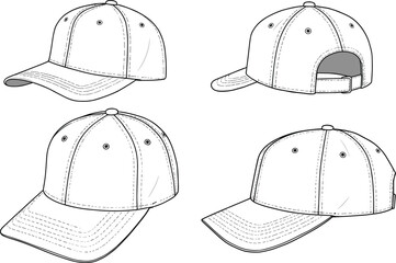 Baseball cap template design, four different views, front, back, side, adjustable strap, stitching details, sports hat, vector illustration, fashion accessory
