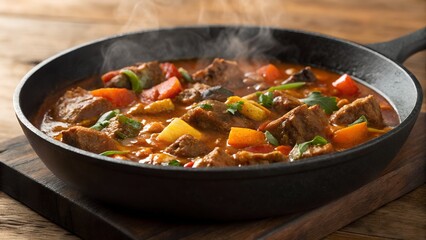 Hearty beef stew simmering in a cast iron skillet on a wooden surface