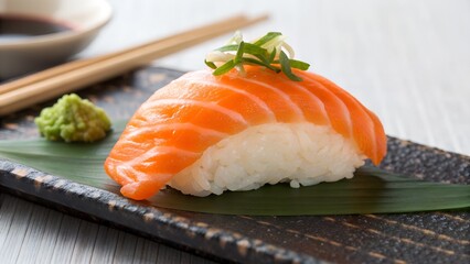 Delicious salmon nigiri sushi served on a black plate with wasabi