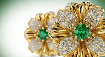 Stunning gold flower jewelry with sparkling diamonds and vibrant emeralds evokes luxury and elegance