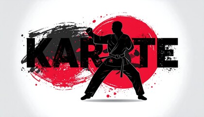 Silhouette of a karateka in action, with stylized kanji and splashes