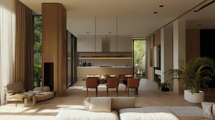 Modern open plan living room with kitchen and dining area overlooking lush green garden