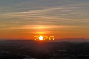 Happy New Year 2026 Idea. Transition from 2025 to new year 2026 concept with text on sun rising sky. Creative Concept.