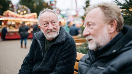 Senior gay couple enjoying christmas market festivities together