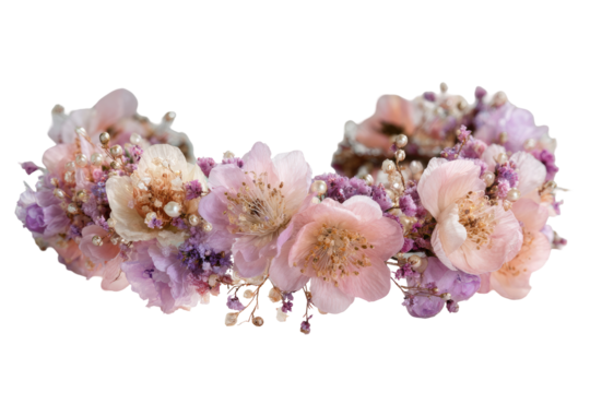 Delicate floral headband.  A softly-hued, pressed flower headband, featuring pastel pinks, lavenders, and creams.  Small, delicate blooms are arranged in a row.  Beads add texture