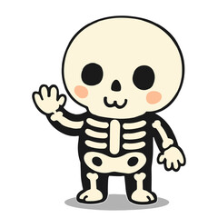 Cute cartoon skeleton waving hand isolated on white background. Funny Halloween character illustration in kawaii style. Perfect for kids design, greeting cards, stickers, posters and party decorations