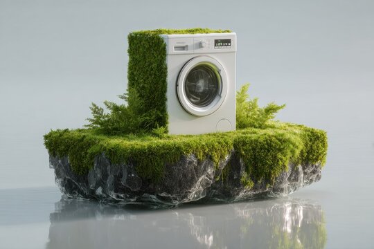 A washing machine is creatively displayed on a rock formation covered with vibrant greenery, showcasing an eco-friendly aesthetic in a calm setting