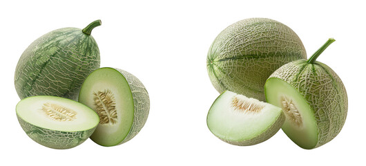 Two ripe honeydew melons, one whole and one cut in half to reveal the juicy green flesh and seeds, isolated on transparent background