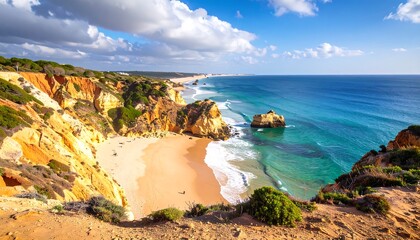 Coastal panorama, dramatic cliffs, sandy beach, turquoise water