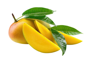 Ripe mango slices and leaves