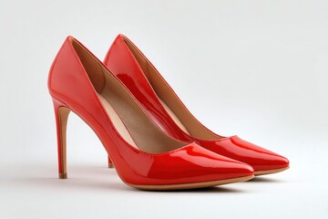 A pair of sleek red patent leather high heels with pointed toes sits on a clean, neutral background, perfect for dressing up