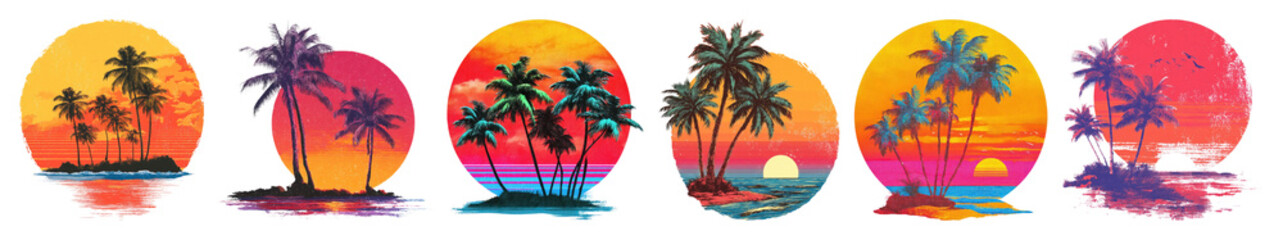 Obraz premium PNG Vibrant tropical sunset illustrations, element set on transparent background