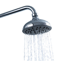A chrome shower head with water flowing