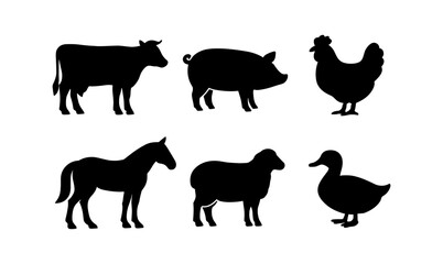 Farm animal silhouettes: cow, pig, chicken, horse, sheep, duck
