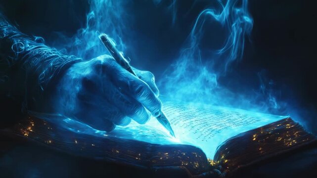 In a realm of ethereal beauty, a ghostly hand glides over the pages of an ancient book, inscribing delicate words with a glowing pen. Wisps of luminous mist envelop the video scene.