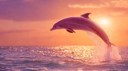 Fototapeta premium Dolphin leaping over ocean surface at golden sunset in dramatic natural light scene.