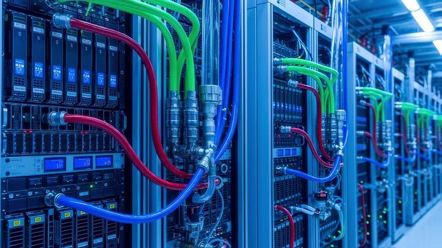 View of multiple modular racks connected by insulated cooling lines emphasizing scalability and efficiency in a supercomputing cooling setup.