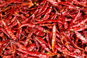 Colorful array of spicy red chilies at an Asian market in Thailand