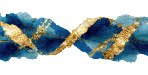 Abstract, intertwined,  blue and gold  ribbon-like design with  detailed marbled textures