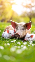 Mother pig and piglets in a grassy field