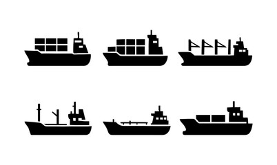 Obraz premium Silhouette set of cargo ships and tankers for marine transportation
