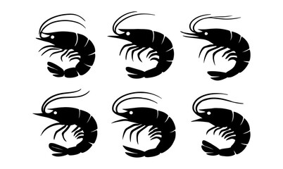 Shrimp silhouette set: black minimalist seafood icons collection