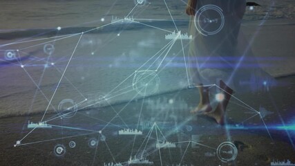 woman stepping onto shoreline and causing holographic technology network expanding around her legs - Powered by Adobe