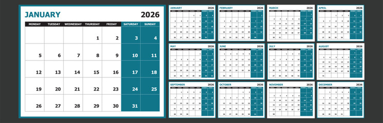 Printable 2026 monthly calendar monday start