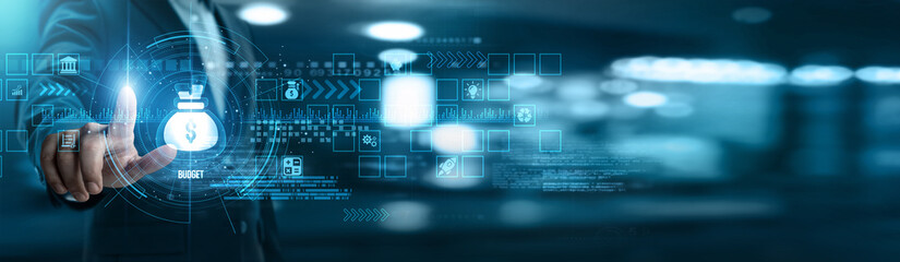 Businessman touching budget networking and cost planning, financial forecasting, resource...