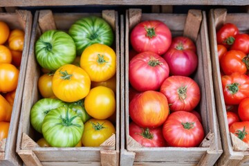 Colorful heirloom tomatoes filling wooden crates at farmers market