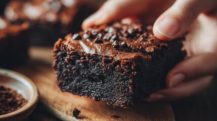 Hand holding rich, dark chocolate brownie, sprinkles on top, wooden board