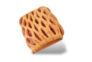 Braided bun puff pastry with raspberries on a white isolated background